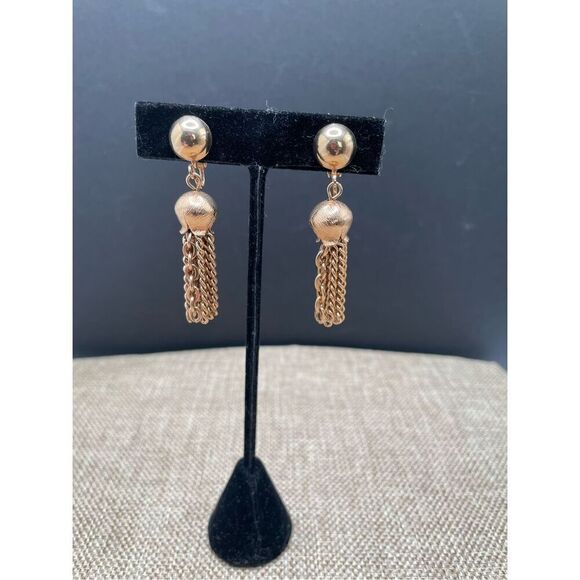Vintage Gold Tone Tassel Drop Clip On Earrings Retro 80’s - Picture 1 of 7